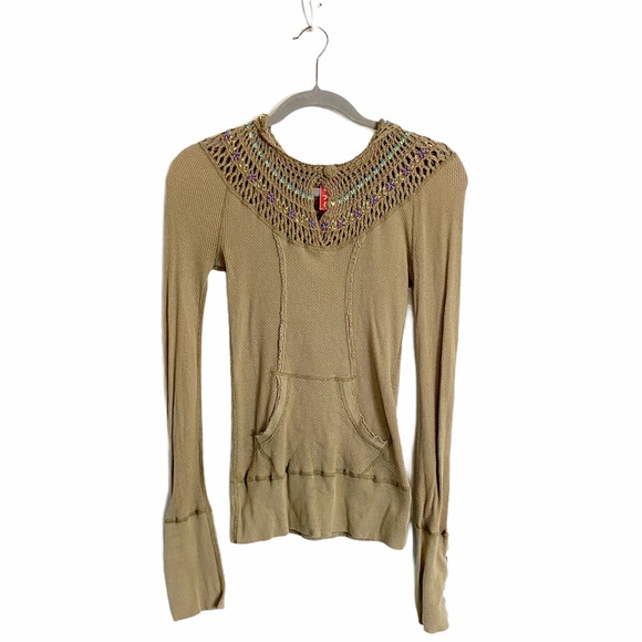 Free People Tops - Free People Hooded Thermal Embroidered Boho Top S